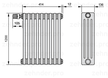 Схема (чертеж) Радиатор Zehnder Charleston 4120/9 №V012 Белый глянцевый RAL 9016